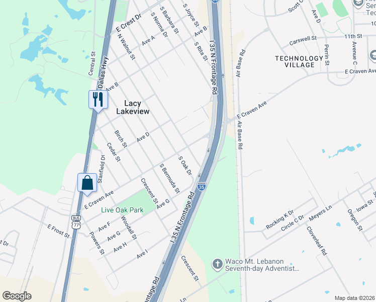 map of restaurants, bars, coffee shops, grocery stores, and more near 102 South Walnut Street in Waco