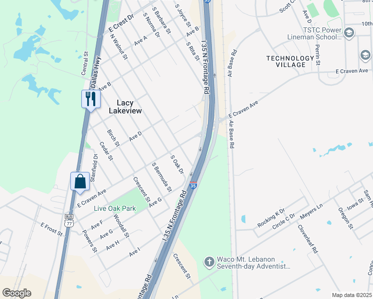 map of restaurants, bars, coffee shops, grocery stores, and more near 102 South Walnut Street in Waco