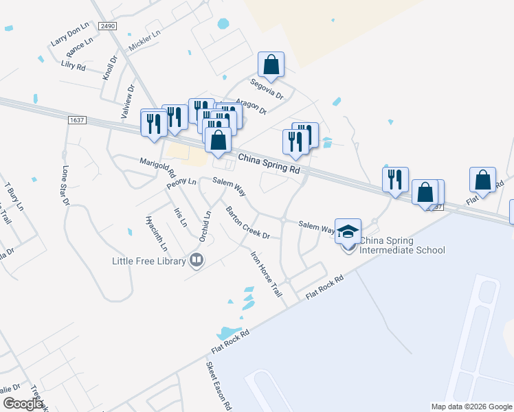 map of restaurants, bars, coffee shops, grocery stores, and more near 10112 Salem Way in Waco
