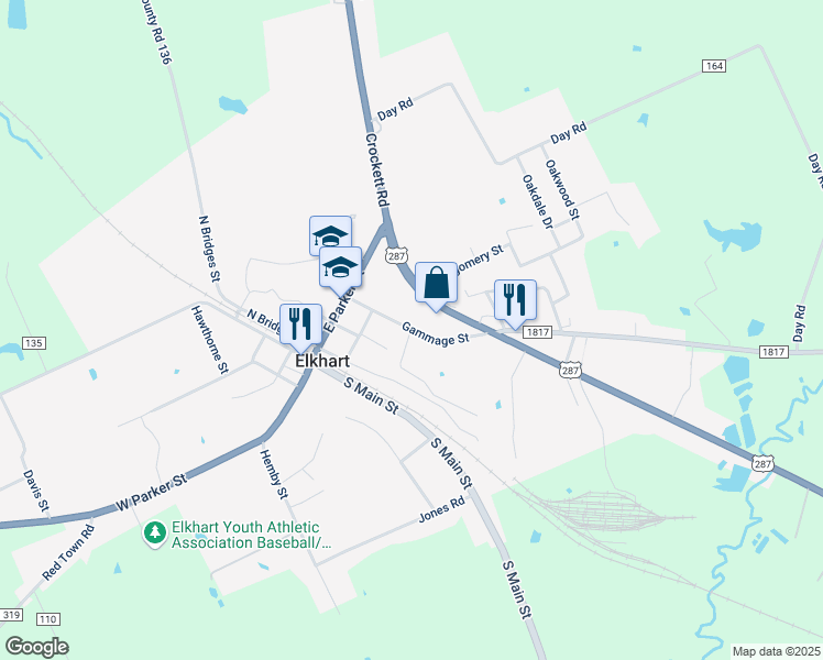map of restaurants, bars, coffee shops, grocery stores, and more near Gammage St in Elkhart