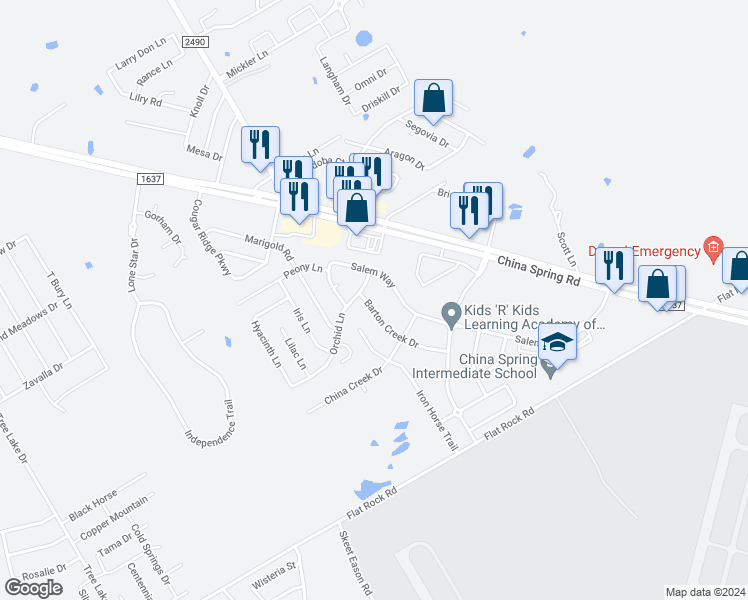 map of restaurants, bars, coffee shops, grocery stores, and more near 10141 Barton Creek Drive in Waco