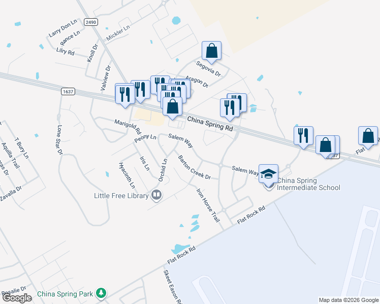 map of restaurants, bars, coffee shops, grocery stores, and more near 10112 Salem Way in Waco
