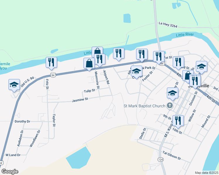 map of restaurants, bars, coffee shops, grocery stores, and more near 101 Tulip Street in Jonesville