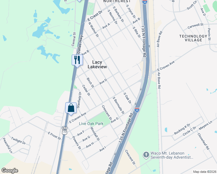 map of restaurants, bars, coffee shops, grocery stores, and more near 118 North Bermuda Street in Waco
