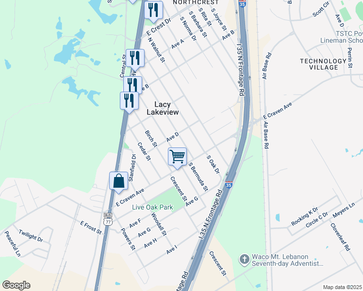 map of restaurants, bars, coffee shops, grocery stores, and more near 118 North Bermuda Street in Waco