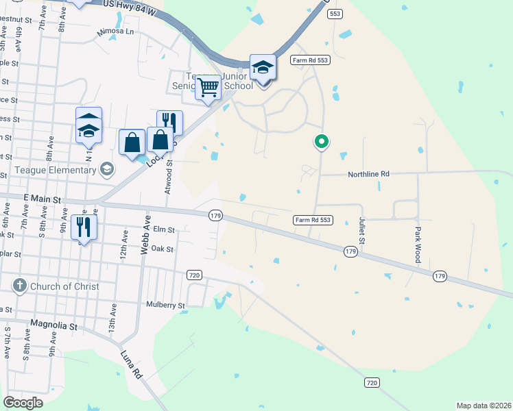 map of restaurants, bars, coffee shops, grocery stores, and more near 1815 East Main Street in Teague