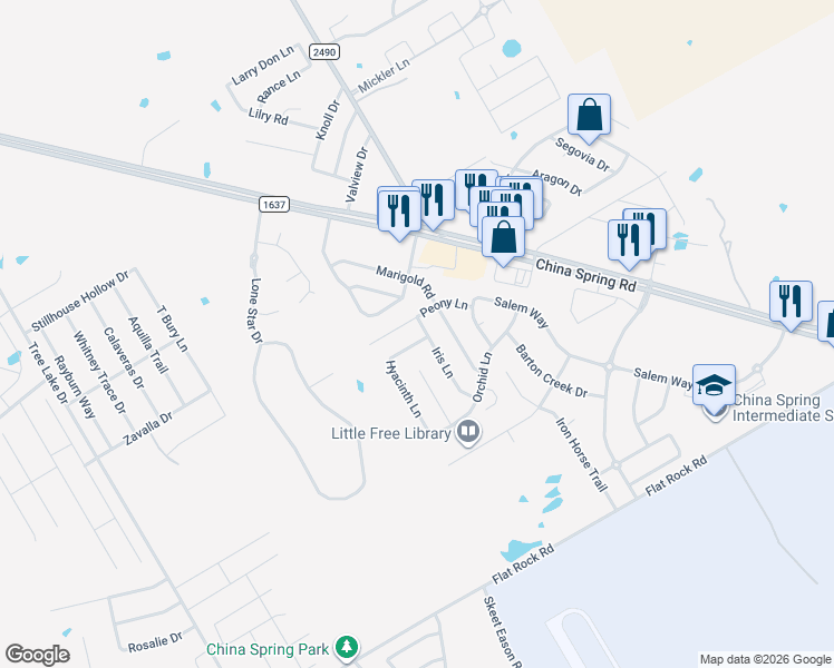 map of restaurants, bars, coffee shops, grocery stores, and more near 10232 Iris Lane in Waco