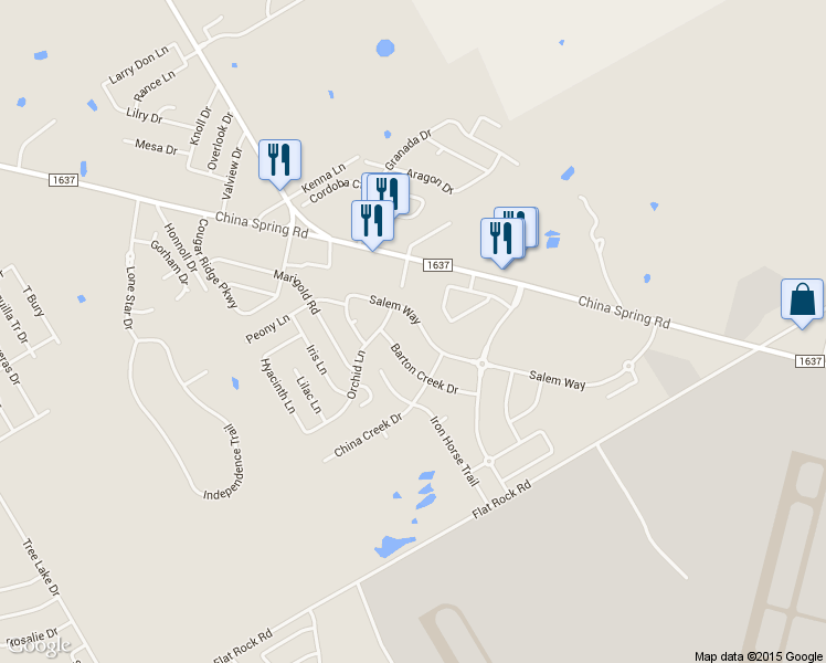 map of restaurants, bars, coffee shops, grocery stores, and more near 10124 Salem Way in Waco