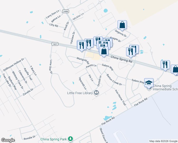 map of restaurants, bars, coffee shops, grocery stores, and more near 10237 Iris Lane in Waco