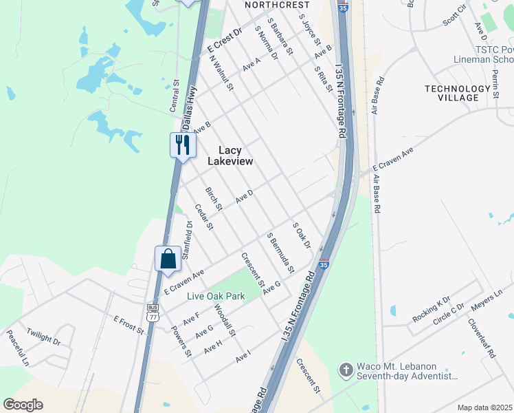 map of restaurants, bars, coffee shops, grocery stores, and more near 120 North Bermuda Street in Waco