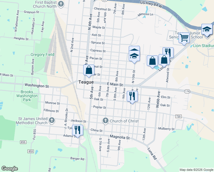 map of restaurants, bars, coffee shops, grocery stores, and more near 620 East Main Street in Teague