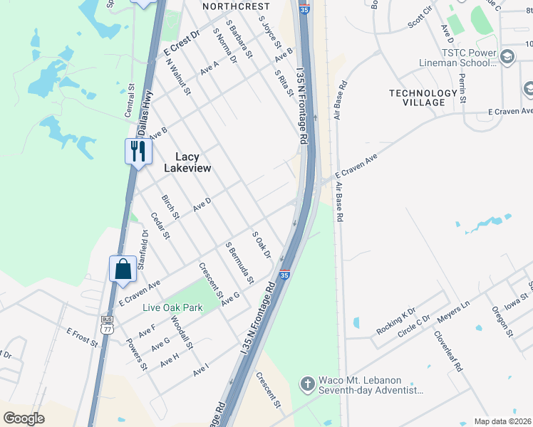 map of restaurants, bars, coffee shops, grocery stores, and more near 102 South Walnut Street in Waco