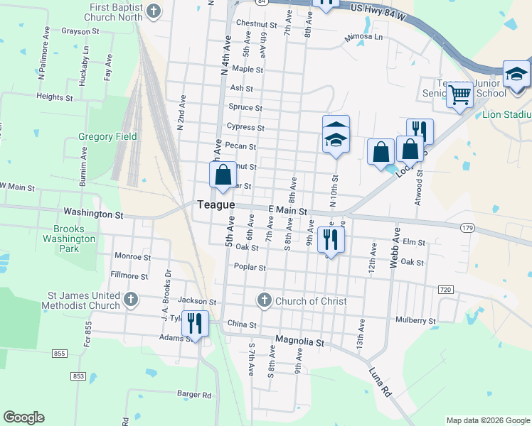 map of restaurants, bars, coffee shops, grocery stores, and more near 620 East Main Street in Teague