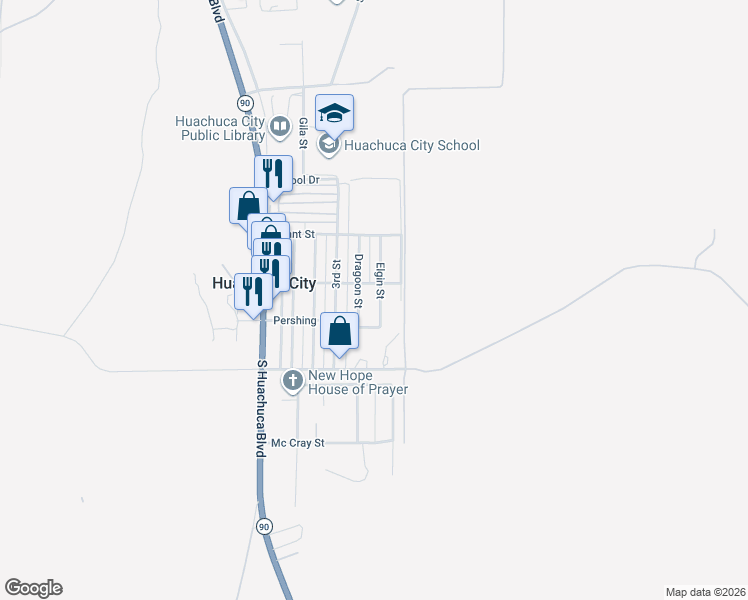 map of restaurants, bars, coffee shops, grocery stores, and more near 300 Dragoon Street in Huachuca City