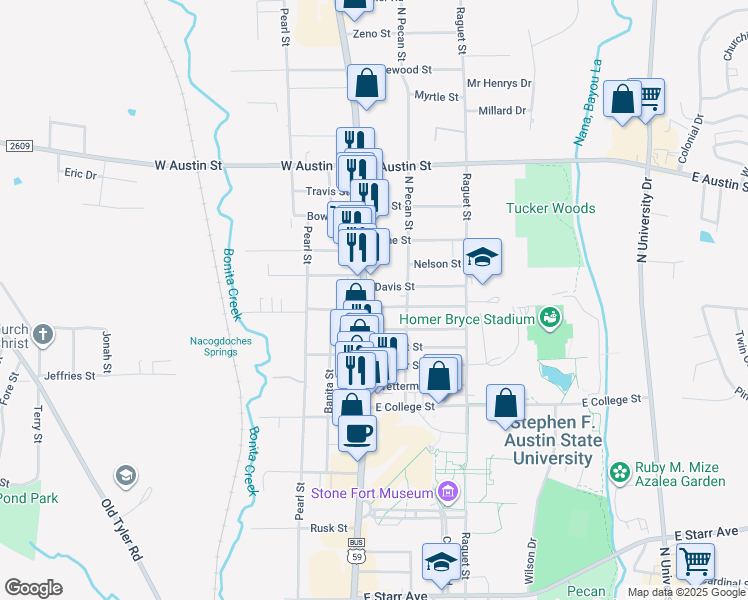 map of restaurants, bars, coffee shops, grocery stores, and more near 121 Davis Street in Nacogdoches