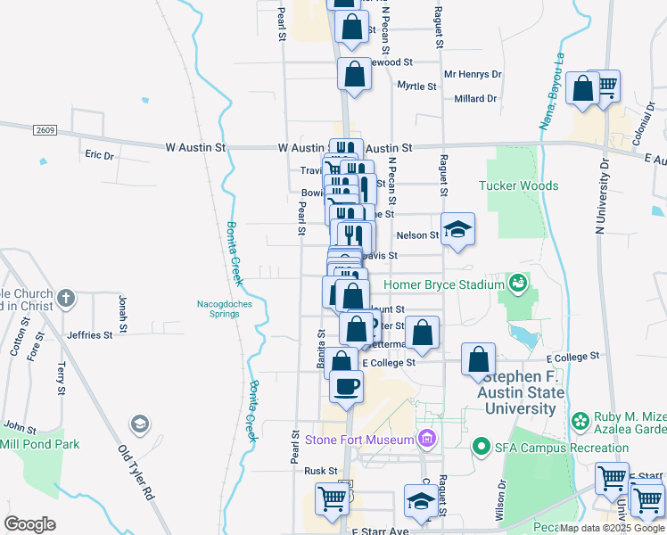 map of restaurants, bars, coffee shops, grocery stores, and more near 2619 North Street in Nacogdoches