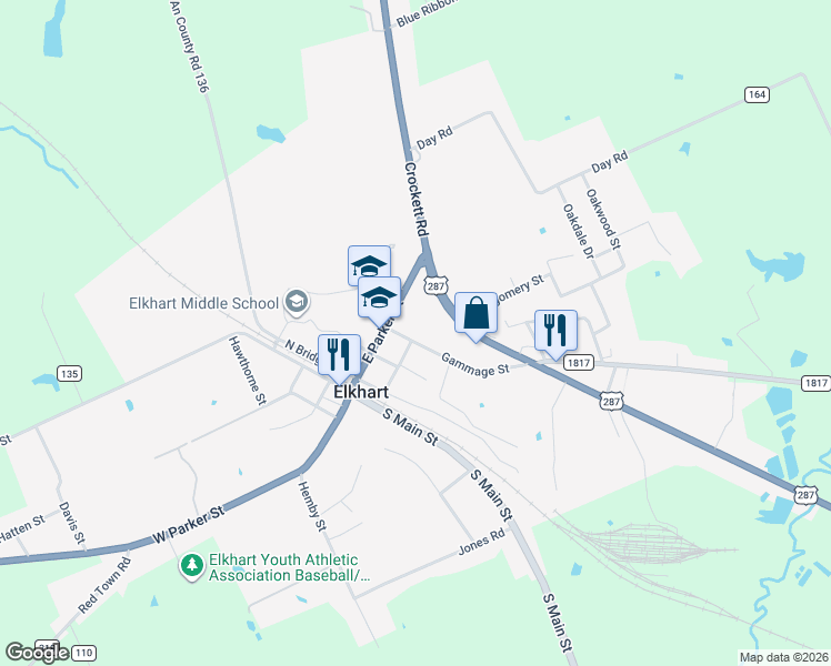 map of restaurants, bars, coffee shops, grocery stores, and more near 111 Gammage Street in Elkhart
