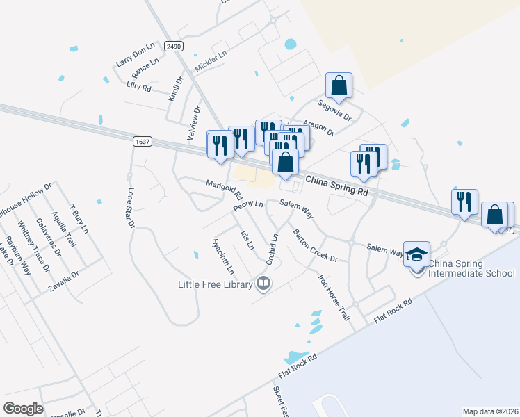 map of restaurants, bars, coffee shops, grocery stores, and more near 10261 Peony Lane in Waco
