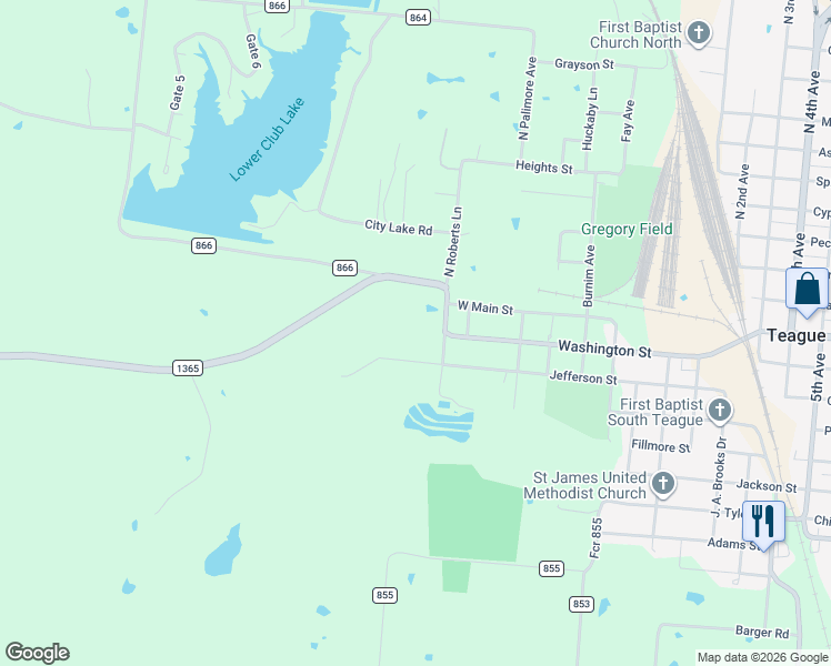 map of restaurants, bars, coffee shops, grocery stores, and more near 200 Roberts Road in Teague