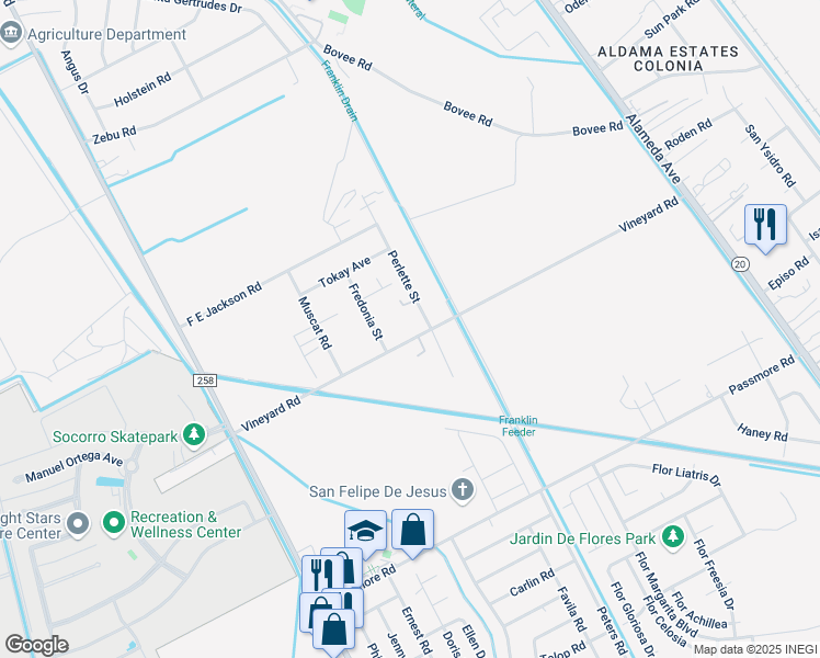 map of restaurants, bars, coffee shops, grocery stores, and more near 317 Vineyard Road in Socorro
