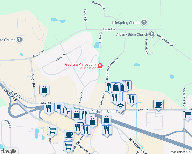map of restaurants, bars, coffee shops, grocery stores, and more near 206 Archie Drive in Albany