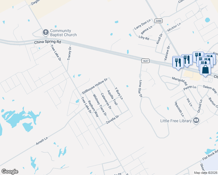 map of restaurants, bars, coffee shops, grocery stores, and more near 10616 Aquilla Trail in Waco