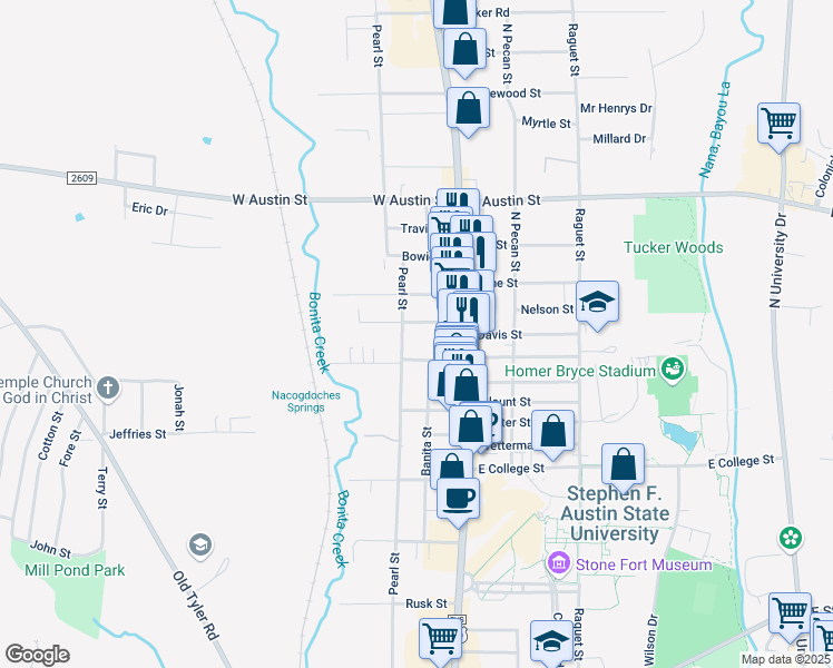 map of restaurants, bars, coffee shops, grocery stores, and more near 2424 Pearl Street in Nacogdoches