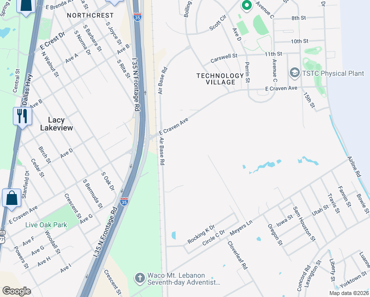 map of restaurants, bars, coffee shops, grocery stores, and more near 312 Brooks Lane in Waco