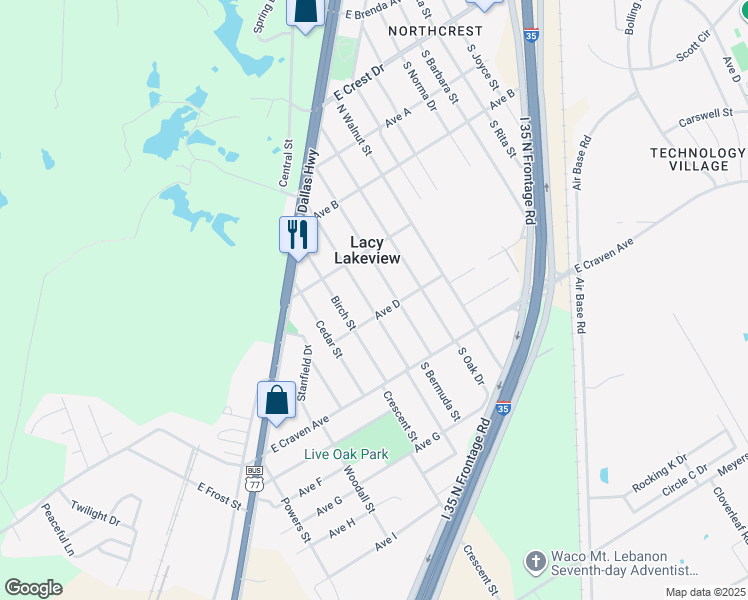 map of restaurants, bars, coffee shops, grocery stores, and more near 207 North Lakeview Drive in Waco
