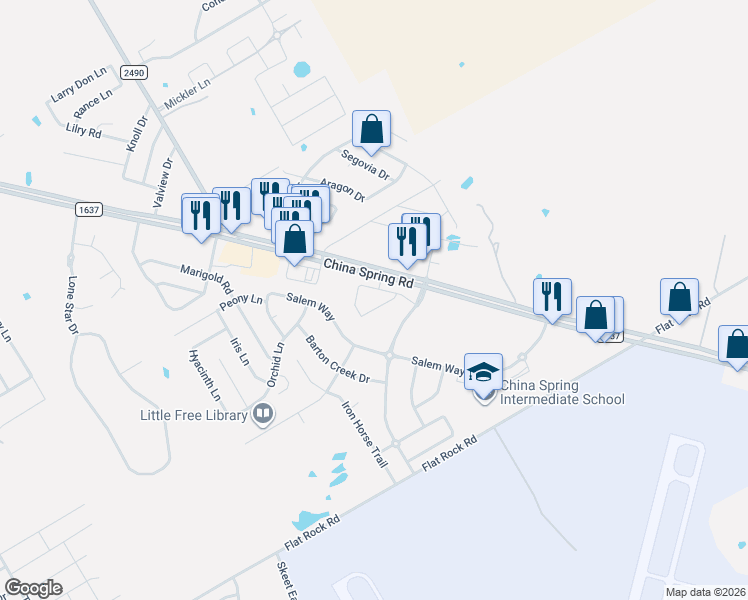 map of restaurants, bars, coffee shops, grocery stores, and more near 9900 China Spring Road in Waco