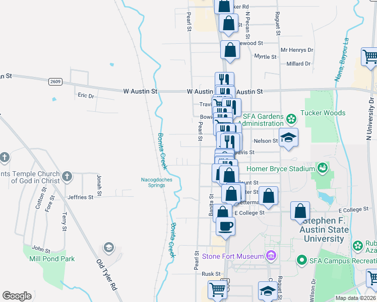 map of restaurants, bars, coffee shops, grocery stores, and more near 1808 Railroad Street in Nacogdoches