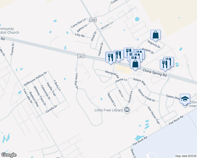 map of restaurants, bars, coffee shops, grocery stores, and more near 10135 Cougar Ridge Parkway in Waco