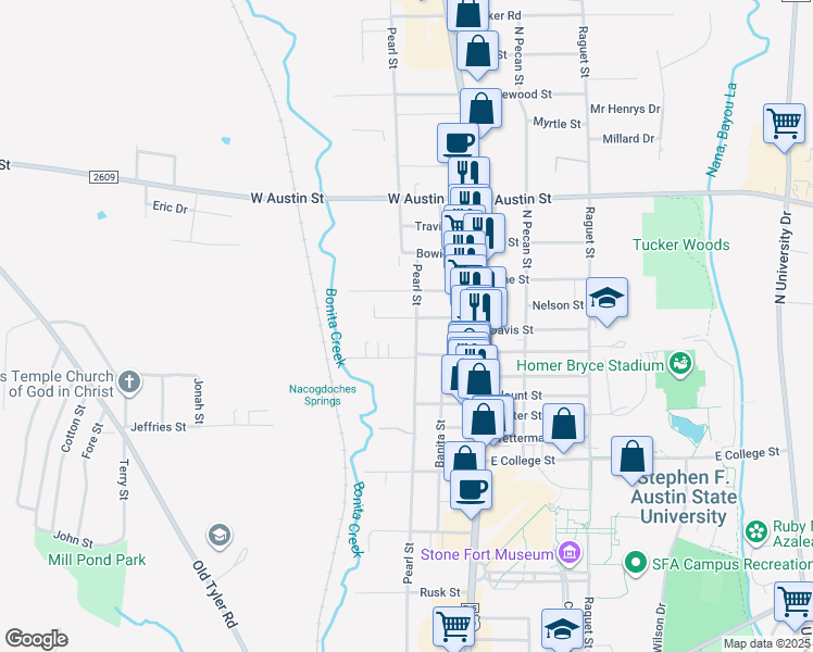 map of restaurants, bars, coffee shops, grocery stores, and more near 1808 Railroad Street in Nacogdoches