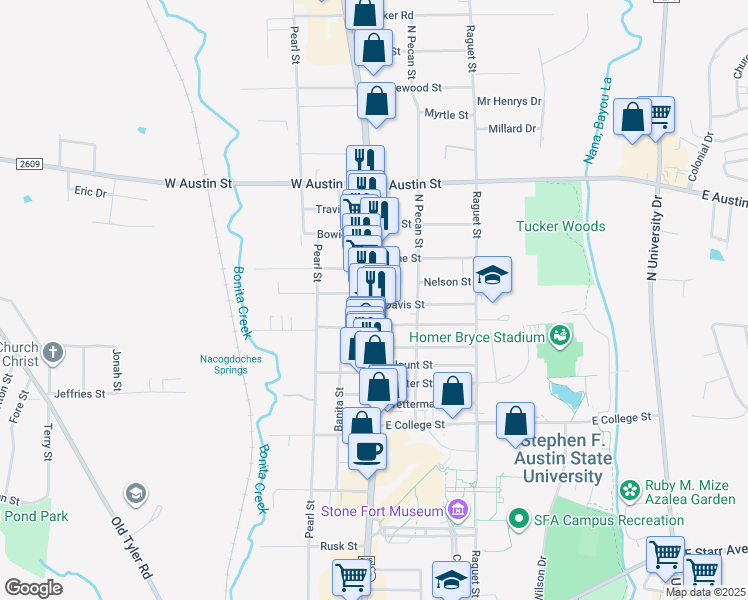 map of restaurants, bars, coffee shops, grocery stores, and more near 2619 North St in Nacogdoches