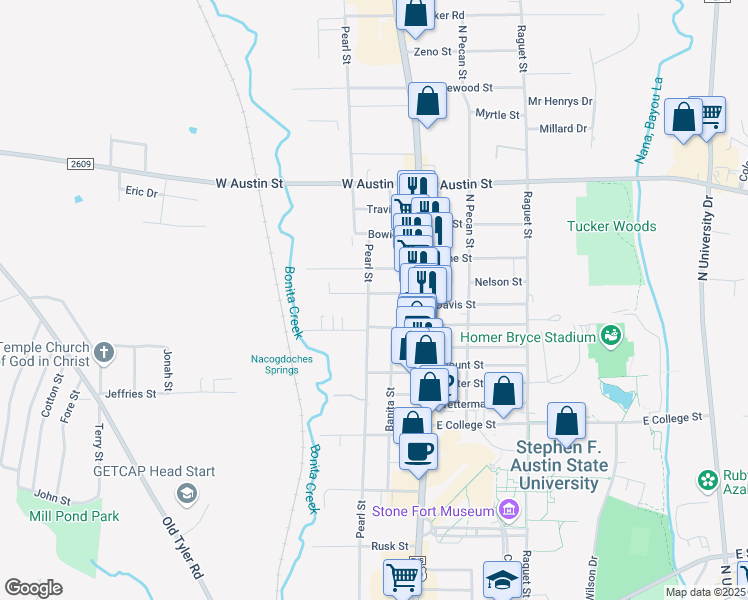 map of restaurants, bars, coffee shops, grocery stores, and more near 2424 Pearl Street in Nacogdoches