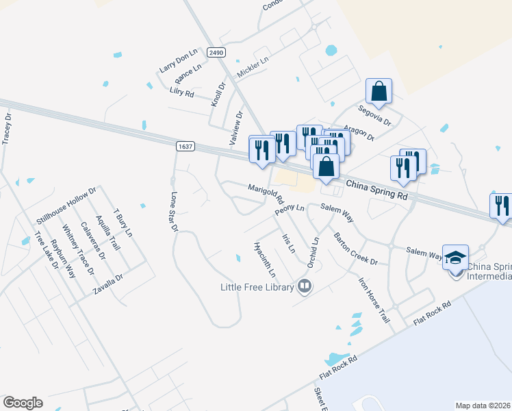 map of restaurants, bars, coffee shops, grocery stores, and more near 10176 Cougar Ridge Parkway in Waco