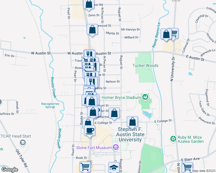 map of restaurants, bars, coffee shops, grocery stores, and more near 211 Davis Street in Nacogdoches