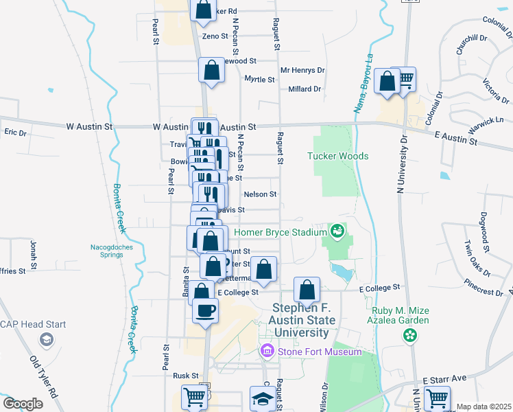 map of restaurants, bars, coffee shops, grocery stores, and more near 211 Davis Street in Nacogdoches