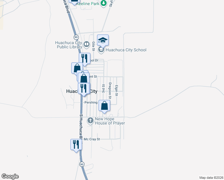 map of restaurants, bars, coffee shops, grocery stores, and more near 300 Dragoon Street in Huachuca City