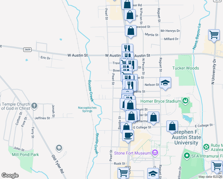 map of restaurants, bars, coffee shops, grocery stores, and more near 2424 Pearl Street in Nacogdoches