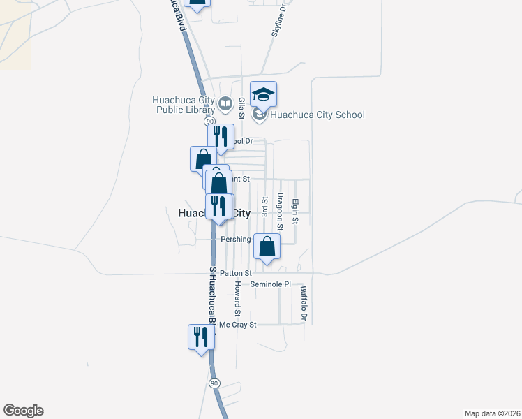 map of restaurants, bars, coffee shops, grocery stores, and more near 301 3rd Street in Huachuca City