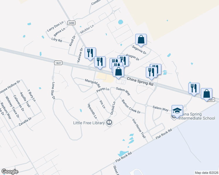map of restaurants, bars, coffee shops, grocery stores, and more near 10261 Peony Lane in Waco