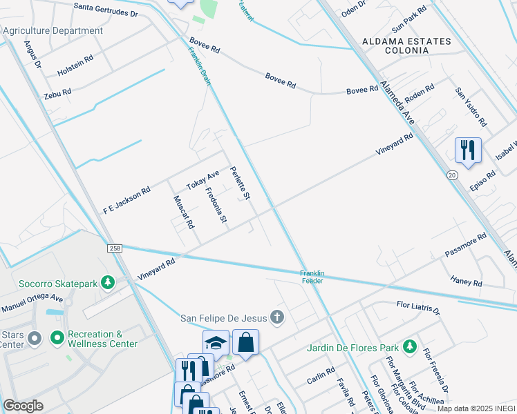 map of restaurants, bars, coffee shops, grocery stores, and more near 317 Vineyard Road in Socorro