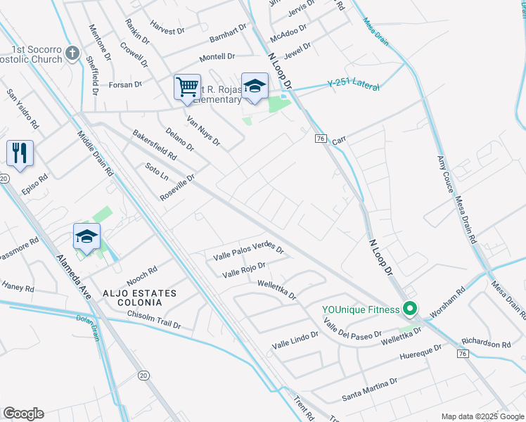 map of restaurants, bars, coffee shops, grocery stores, and more near 431 Valle Palos Verdes Drive in Socorro