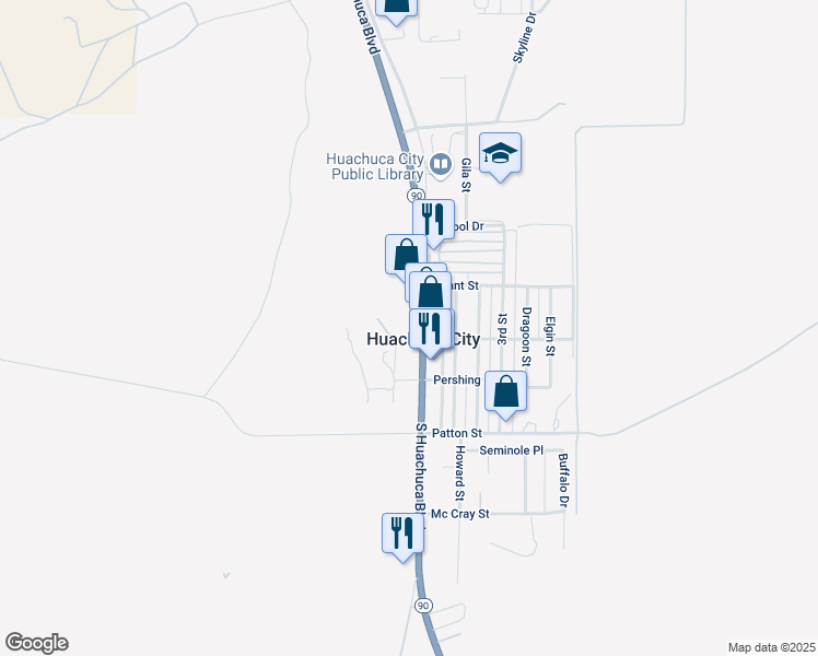 map of restaurants, bars, coffee shops, grocery stores, and more near in Huachuca City