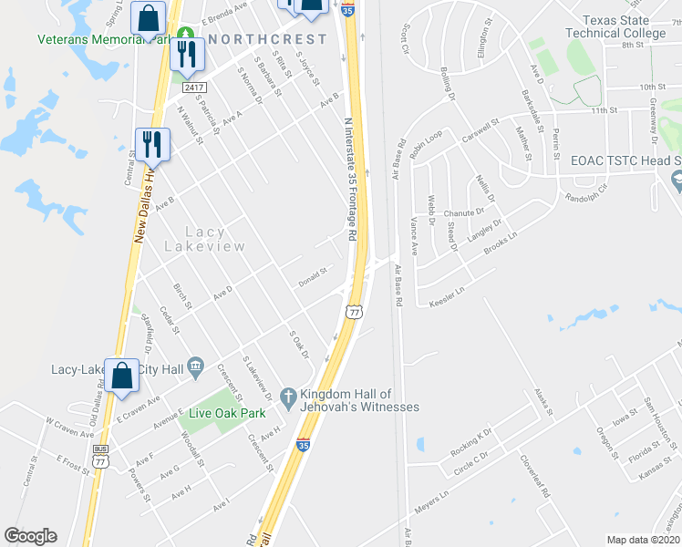 map of restaurants, bars, coffee shops, grocery stores, and more near 1026 East Craven Avenue in Waco