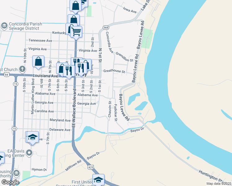 map of restaurants, bars, coffee shops, grocery stores, and more near 134-898 Fudickar Street in Ferriday