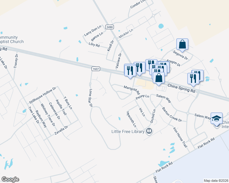 map of restaurants, bars, coffee shops, grocery stores, and more near 10135 Cougar Ridge Parkway in Waco