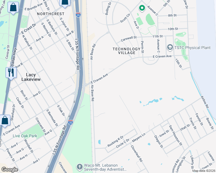 map of restaurants, bars, coffee shops, grocery stores, and more near 312 Brooks Lane in Waco