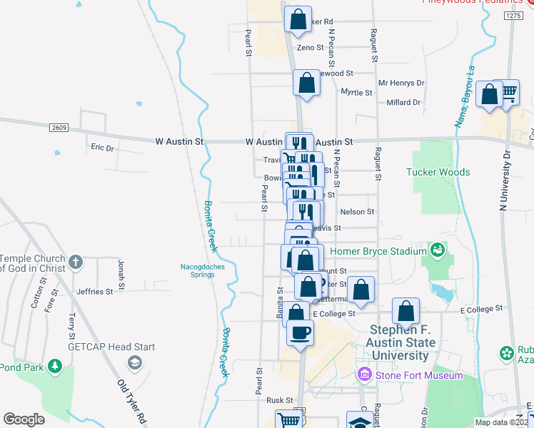 map of restaurants, bars, coffee shops, grocery stores, and more near 2424 Pearl Street in Nacogdoches